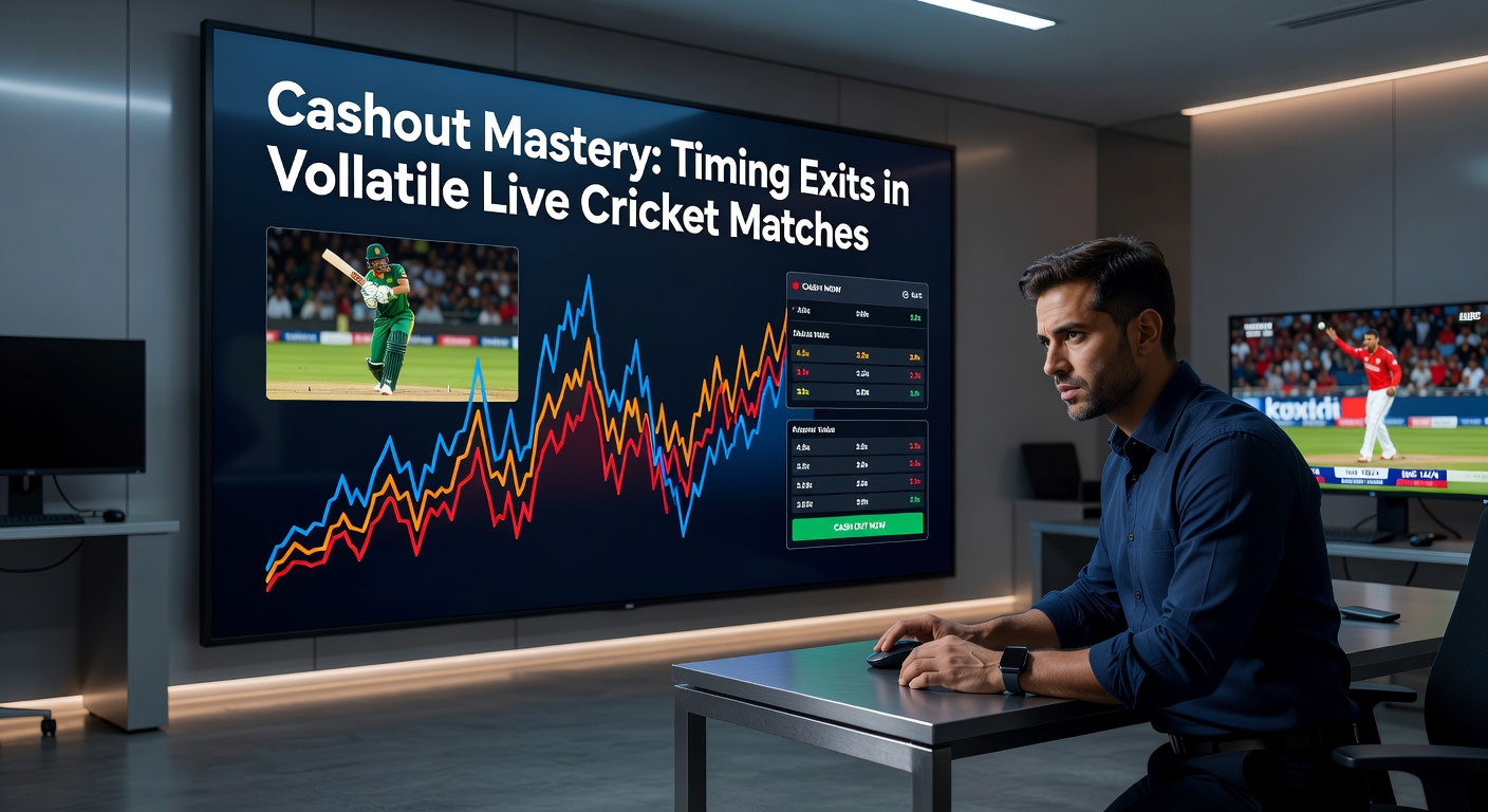 Nahaufnahme eines Cricket-Batters, der ein Six schlägt, neben einer Grafik mit schwankenden Live-Quoten und Cashout-Button