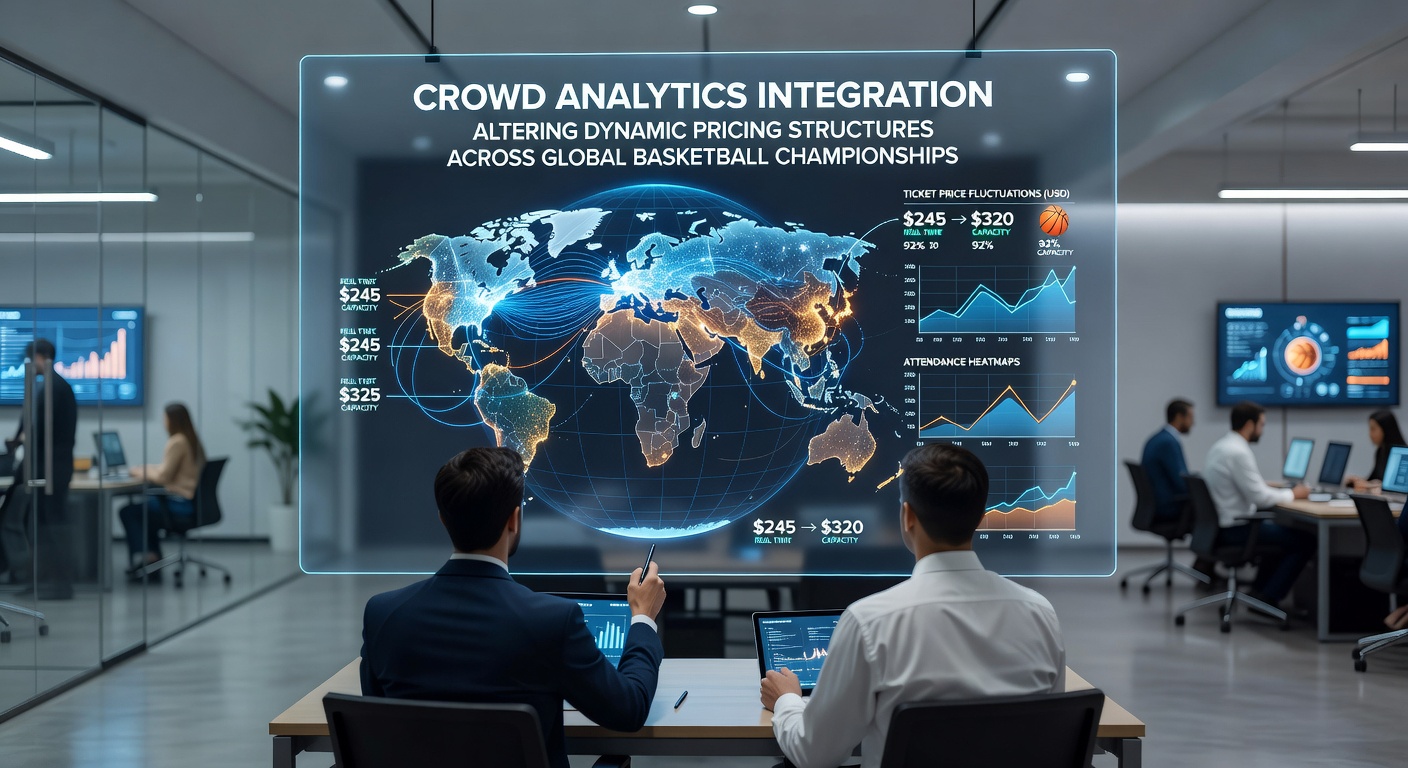 Mobile app interface displaying dynamic pricing adjustments based on crowd analytics during a basketball championship