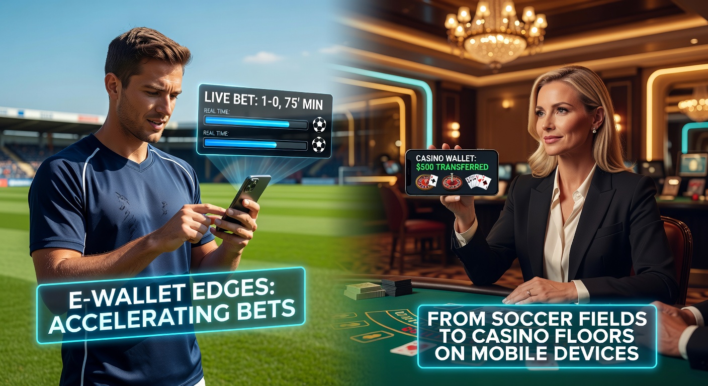 Smartphone-Bildschirm zeigt Fußball-Livewette neben einem Casino-Roulette-Tisch, E-Wallet-Logo im Zentrum