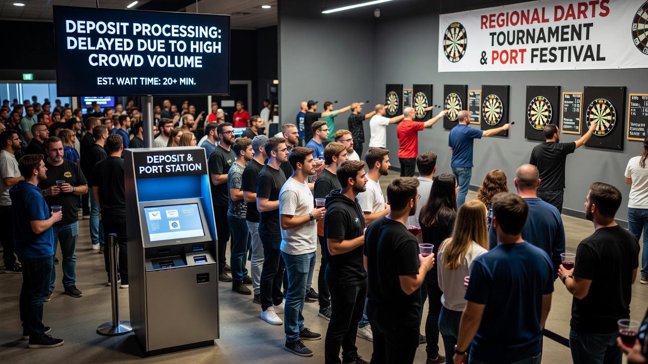 Portable betting terminals handling transactions amid dense crowds at a darts festival
