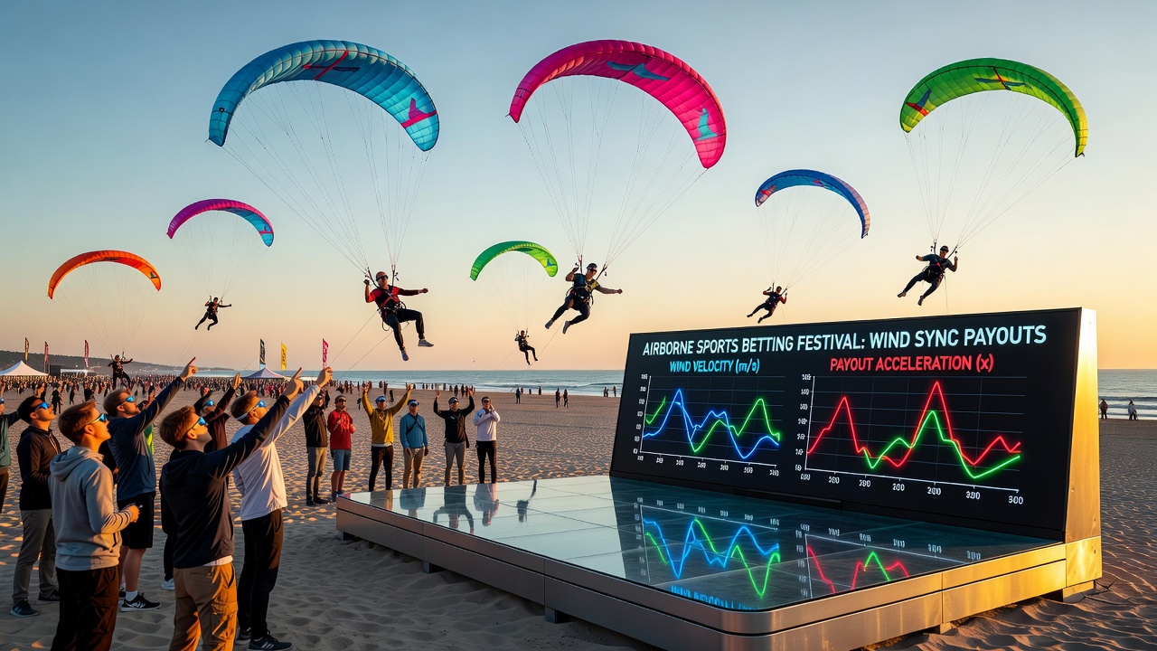 Mobile Geräte mit Wett-Apps vor einem Festivalhintergrund mit sichtbaren Windströmungen
